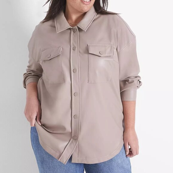 Lane Bryant Tan Faux Leather Collar Long Sleeves Shacket Size 22/24 NWT - Picture 1 of 13